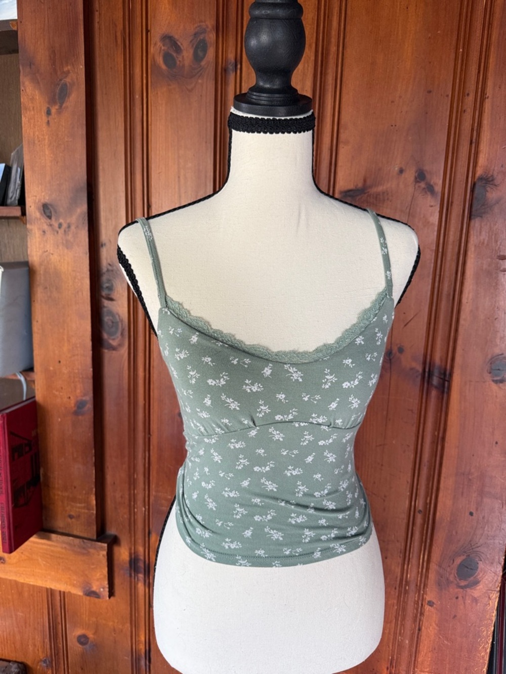 Hollister Sage Green Floral Lace-Trim Cami